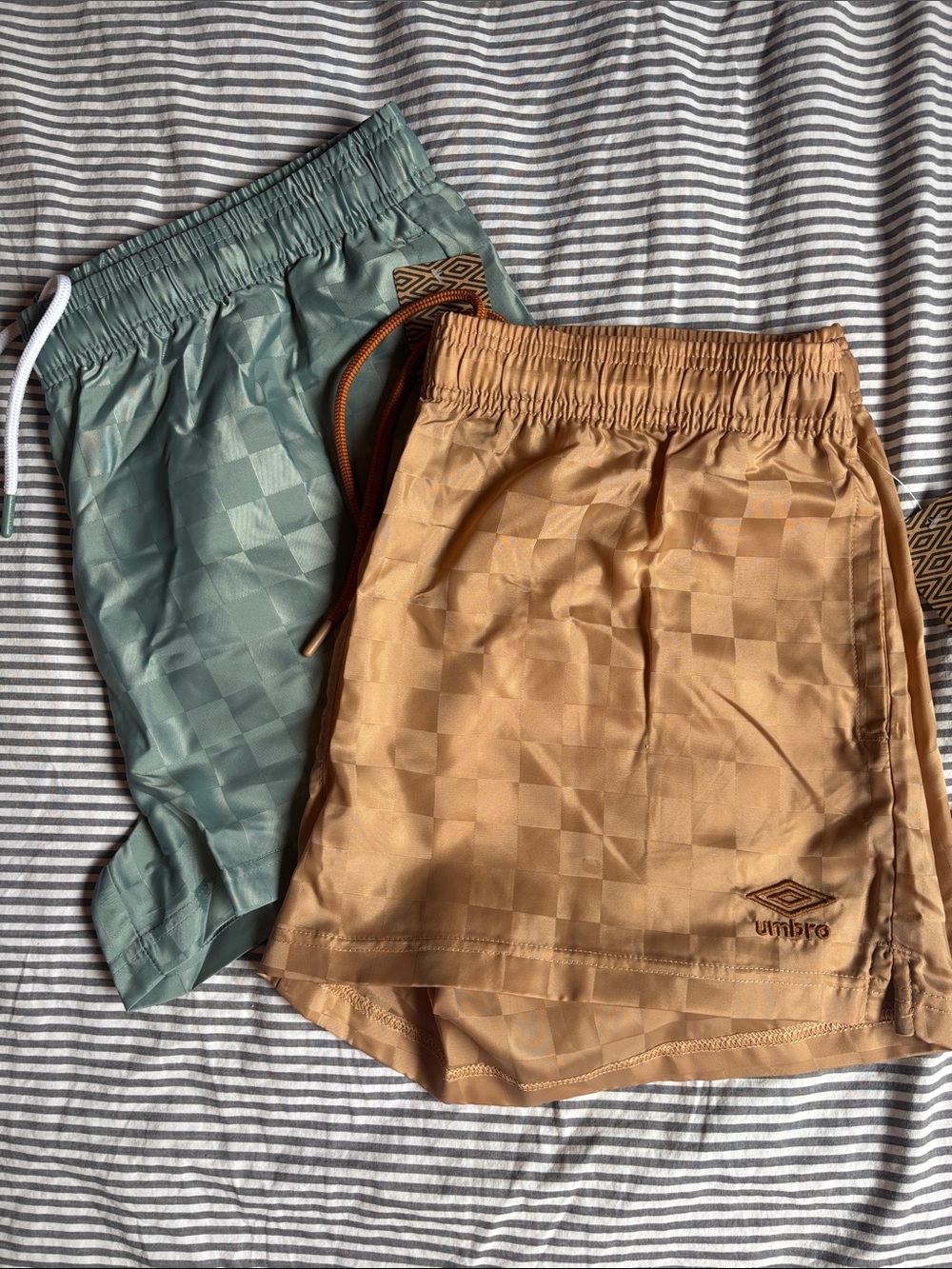 Umbro Women's Checkerboard Swim Shorts in Sage Green and Camel